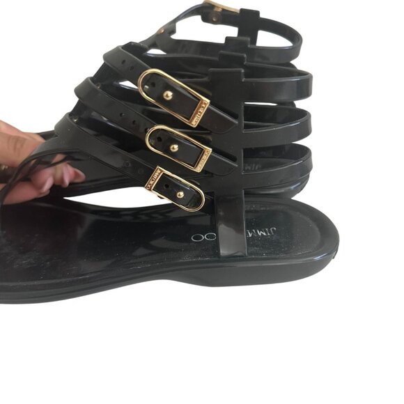 JIMMY CHOO Margot Black Gold Gladiator  Jelly Sandals size 37 / US 7 - Picture 3 of 11